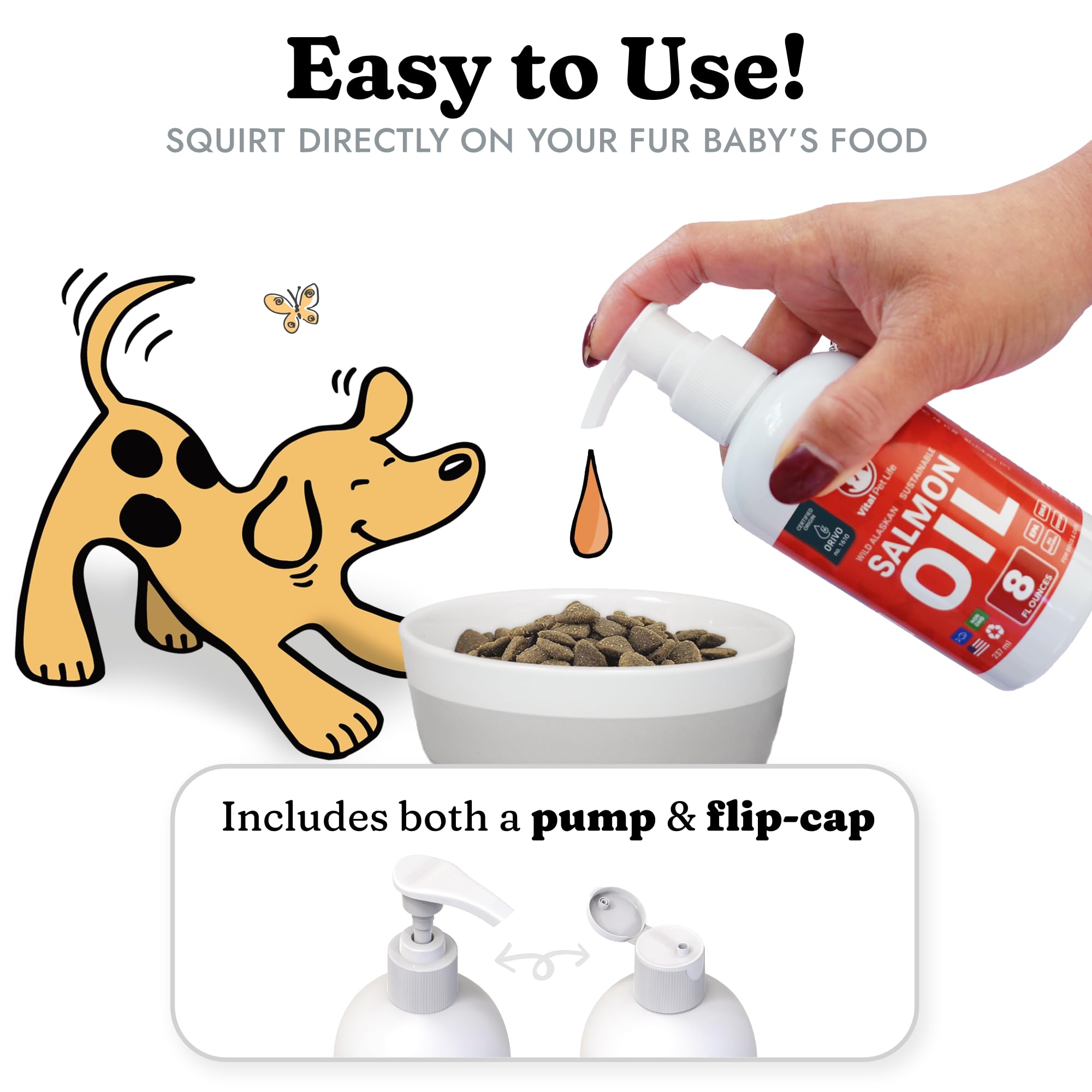 Vital Pet Life huile de saumon, peau saine et hydratée pour animaux.