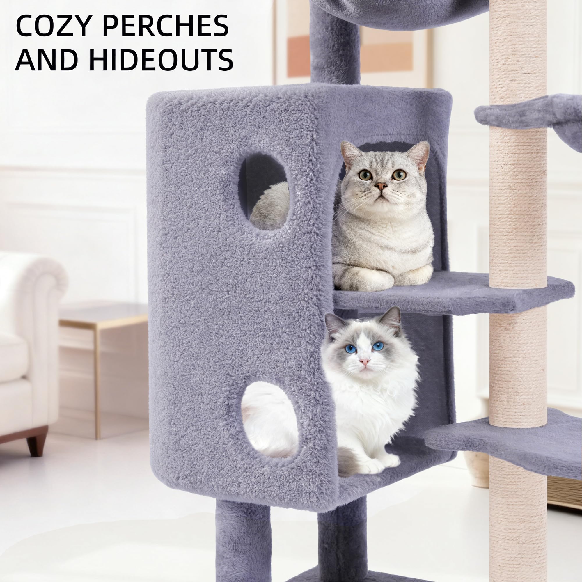 HUITREE Arbre chat design compact gris, esthétique moderne.