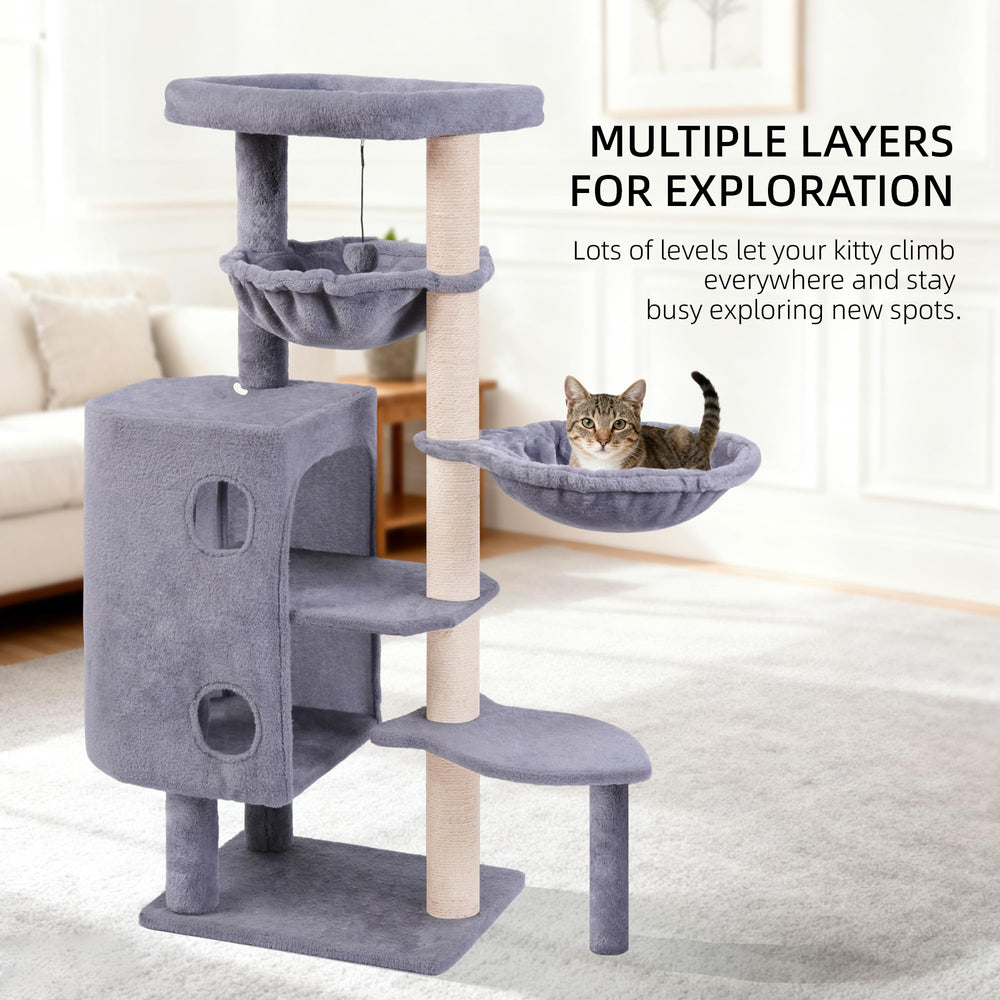 HUITREE Arbre chat pompons suspendus gris, stimulation ludique.
