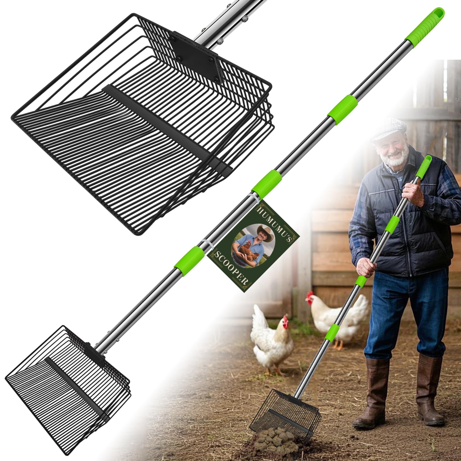 HUMUMU ramasseur de déchets pour poulets, longueur 66 pouces, nettoyage sans effort.