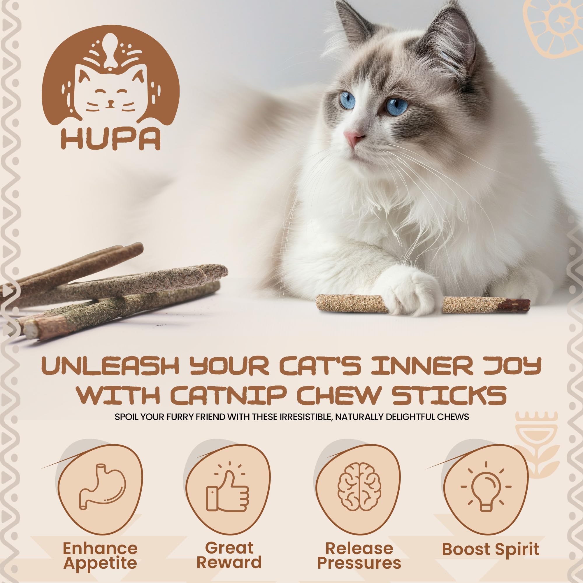Bâtons HUPA mastication chat – durabilité adaptée à tous les âges.