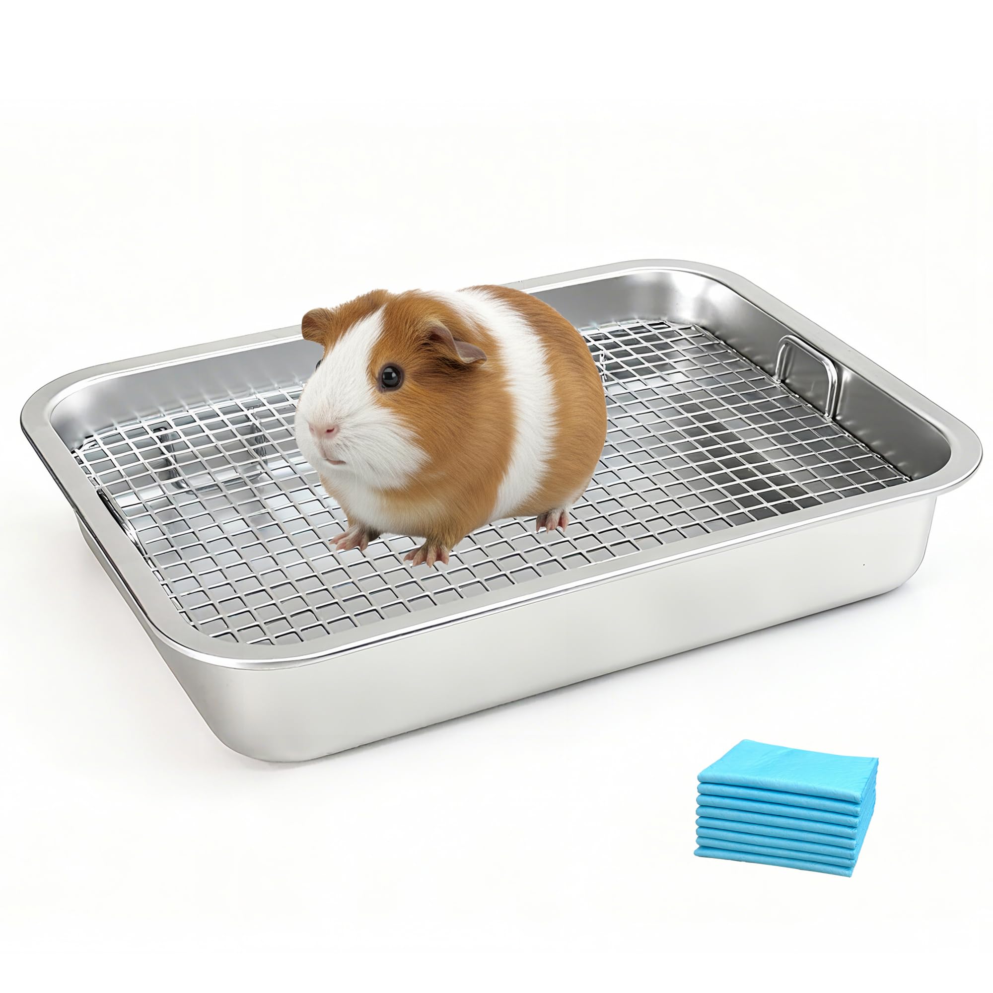 Huqizoo bac-litiere en acier inox avec grille levee, pratique et durable pour cobayes.