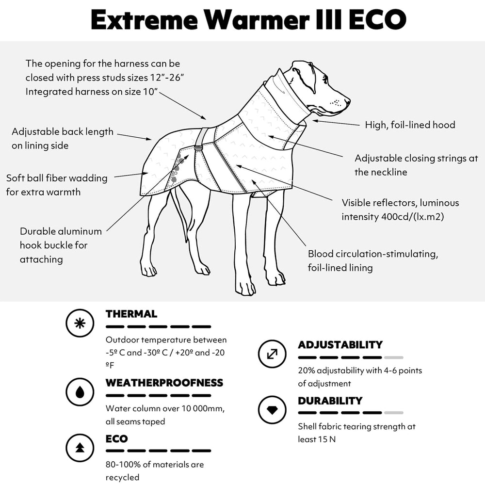 Réglage dos et taille Hurtta Extreme Warmer 3 Eco pour ajustement précis