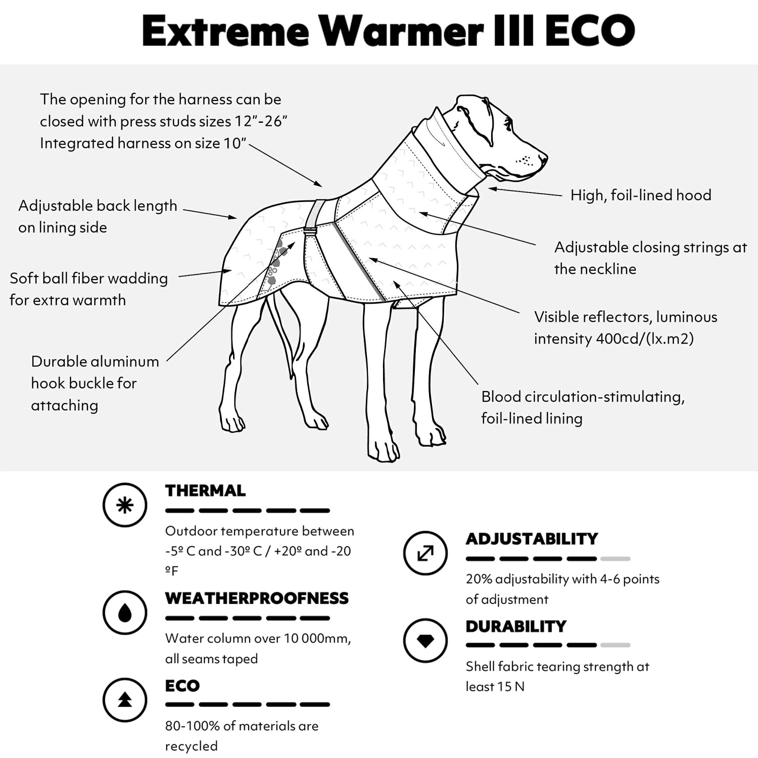 Hurtta Extreme Warmer 3 ECO capuche chaude protégeant les oreilles.