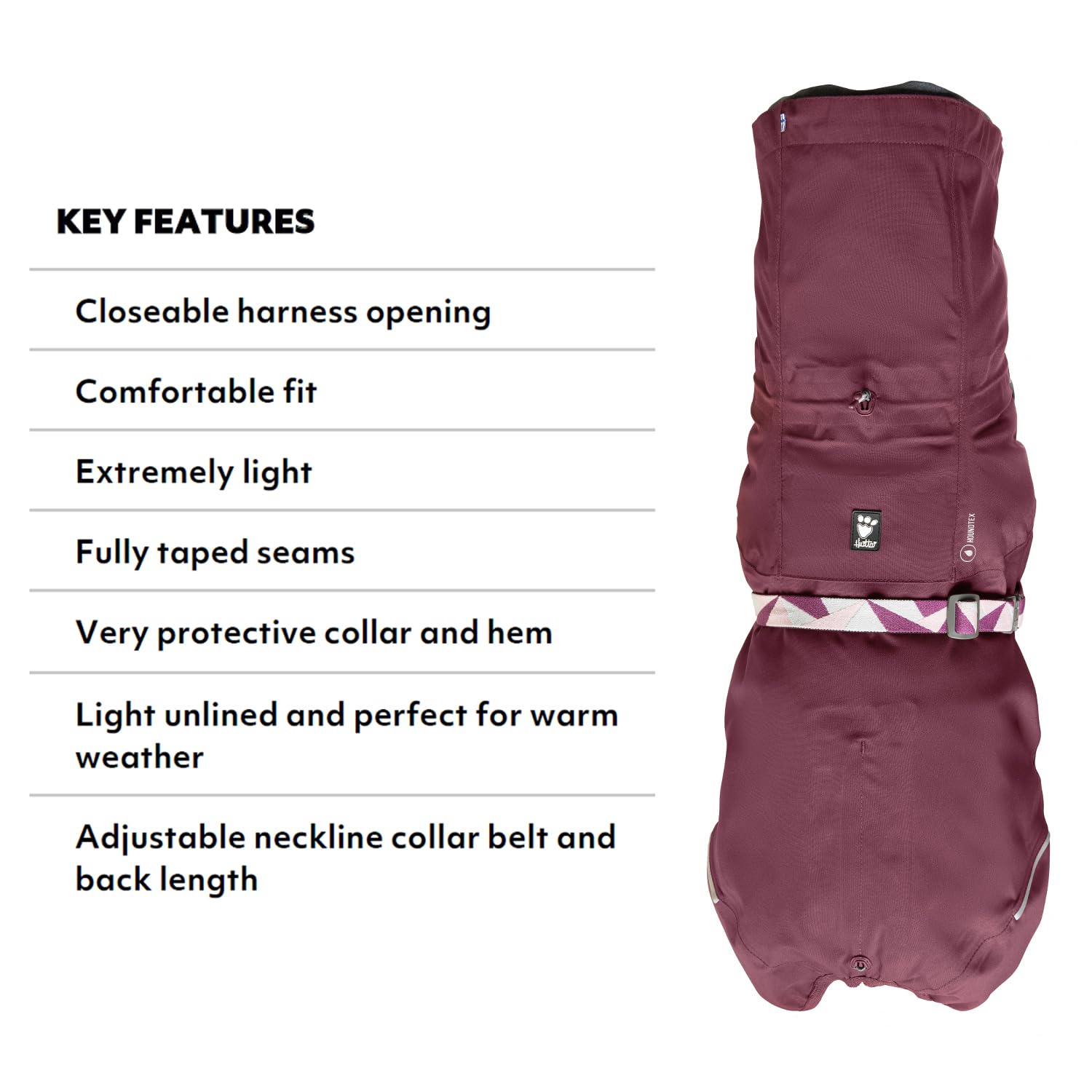 Hurtta Mudventure ECO manteau aubergine pour chien, réflecteurs avant et arrière pour plus de sécurité nocturne.