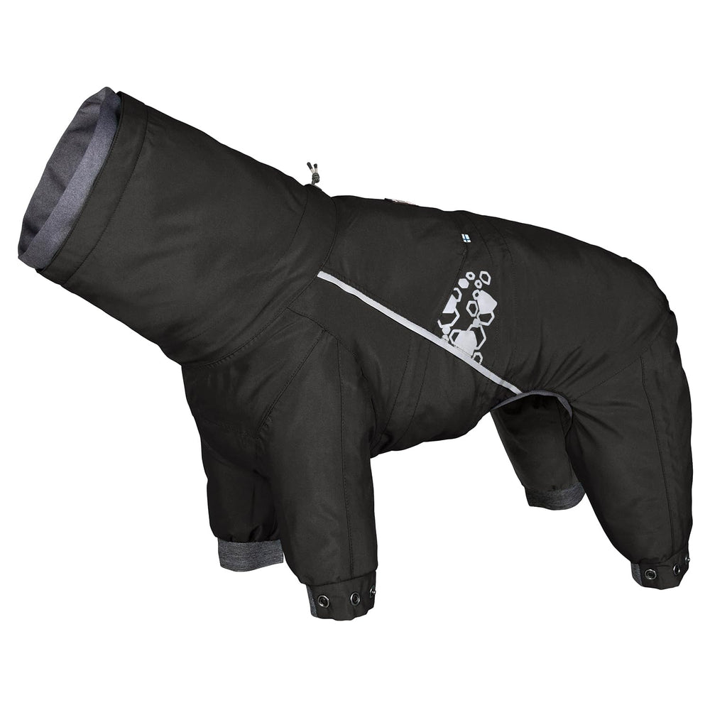 Hurtta Mudventure Overall ECO Raven, zip imperméable et ouverture pour harnais, pratique.