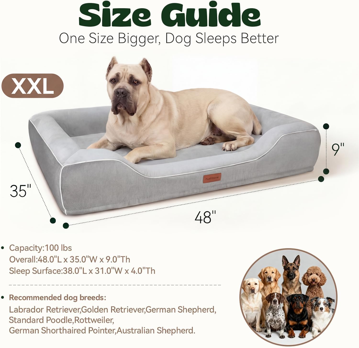 Dimensions 48 pouces, adapté pour chiens jusqu'à 100 lb.