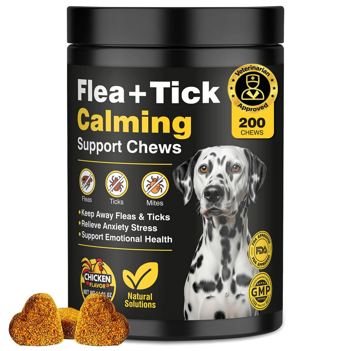 Hyjykd – bouchées au poulet pour chien, soutien potentiel pour calmer après les sorties.