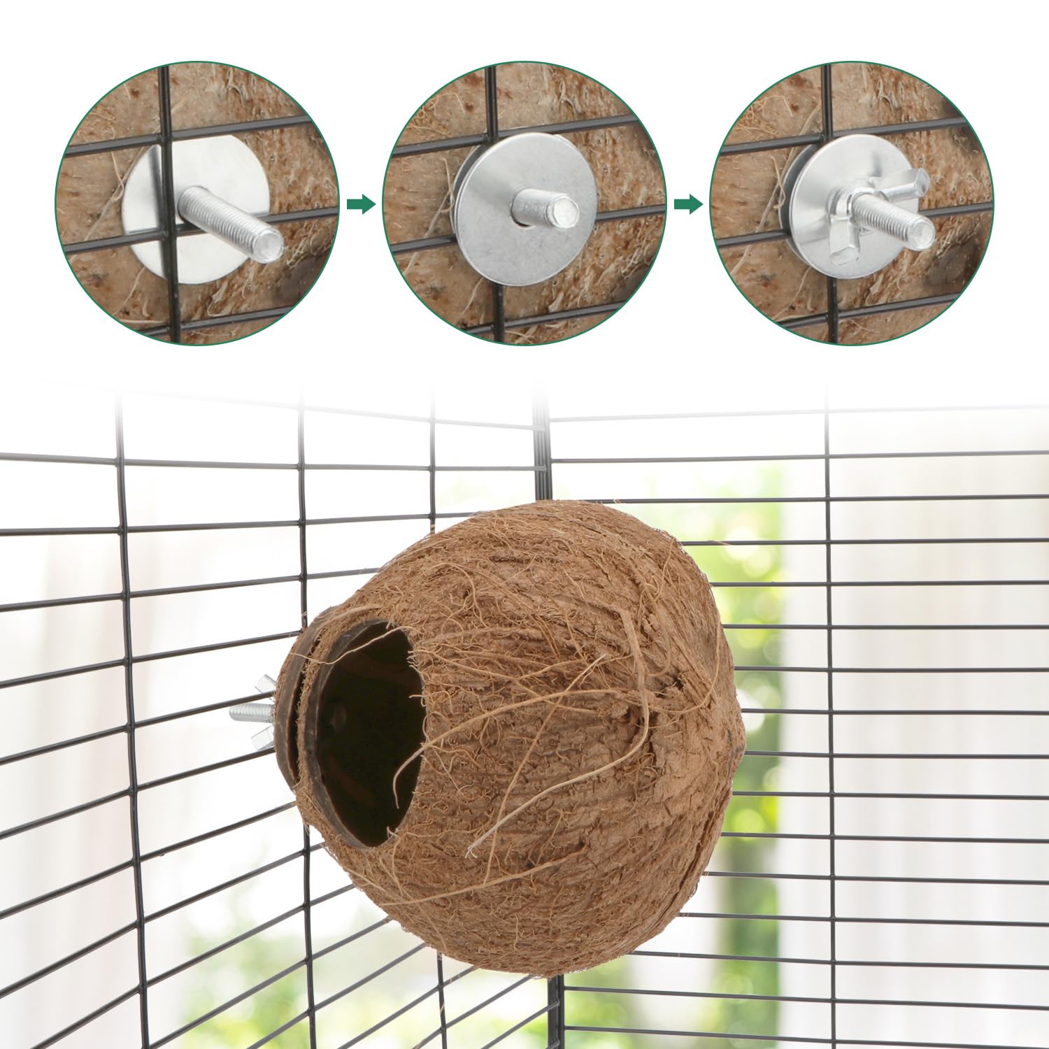Nid coco dans cage en bambou Hypeety, installation facile.