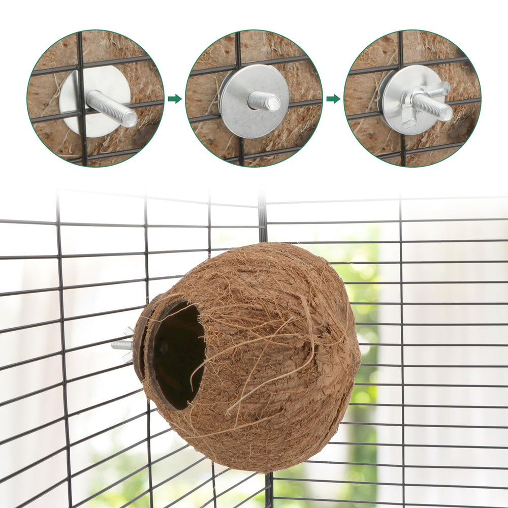 Nid coco dans cage en bambou Hypeety, installation facile.