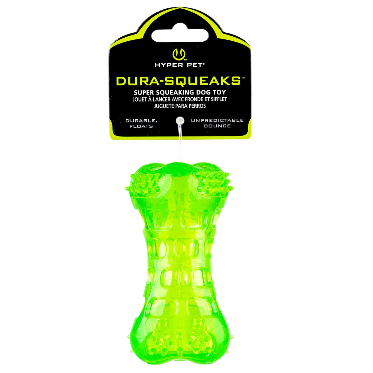 Hyper Pet Dura-Squeaks os vert flottant, parfait pour jeux aquatiques.