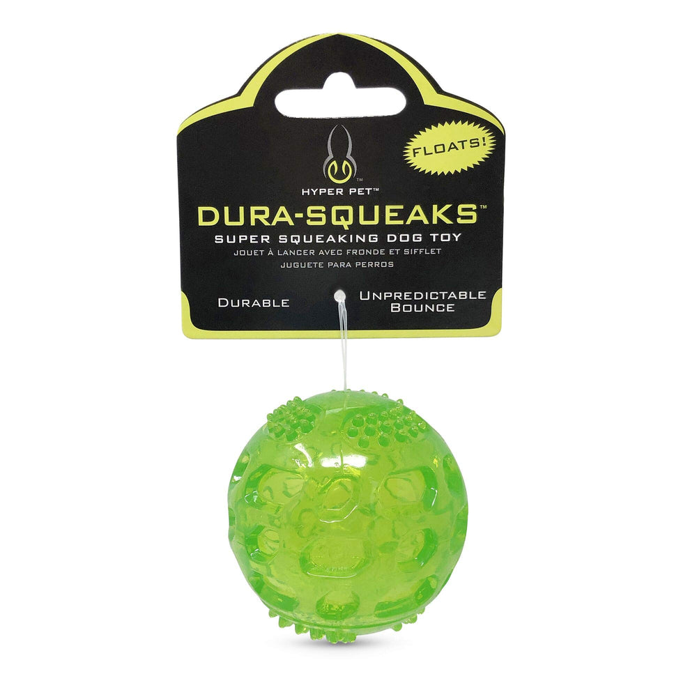 Hyper Pet DuraSqueak: balle flottante verte pour chien, idéale pour le jeu aquatique.
