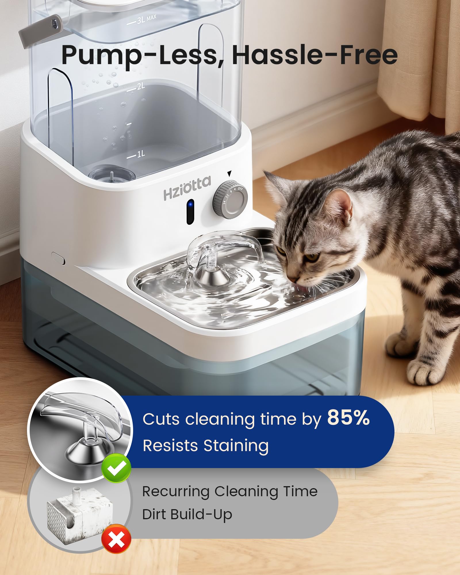 Hziotta fontaine-chat bac eau usée, démonstration du réservoir d’évacuation.