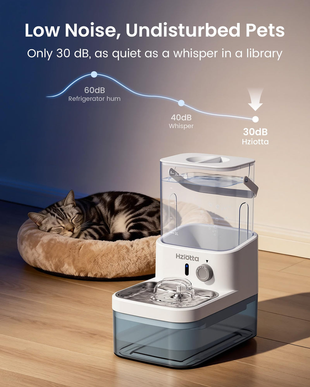 Hziotta fontaine-chat silencieuse sous 30 dB pour domicile calme.