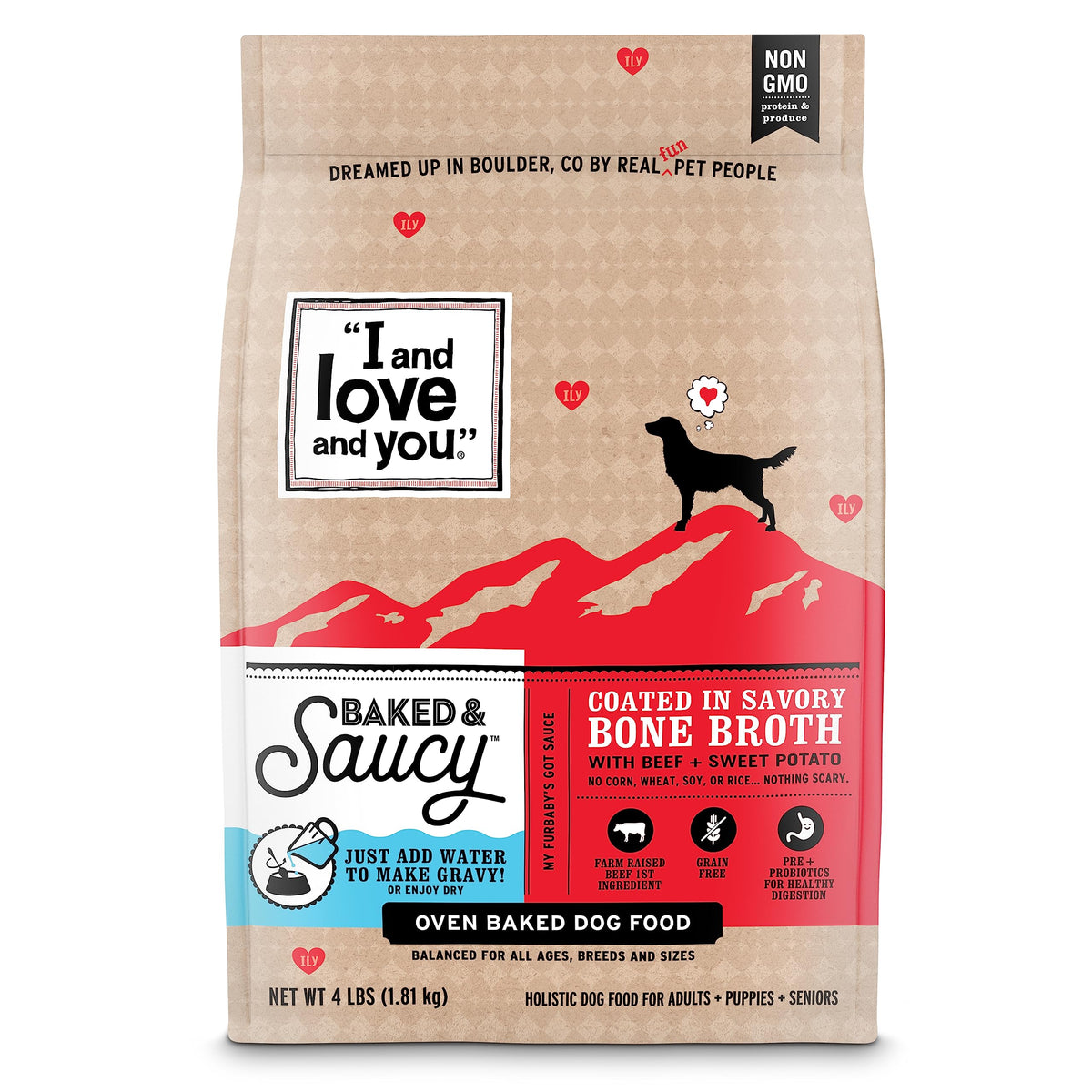 I AND LOVE AND YOU croquettes en forme de cœur au bœuf et patate douce pour chiens.