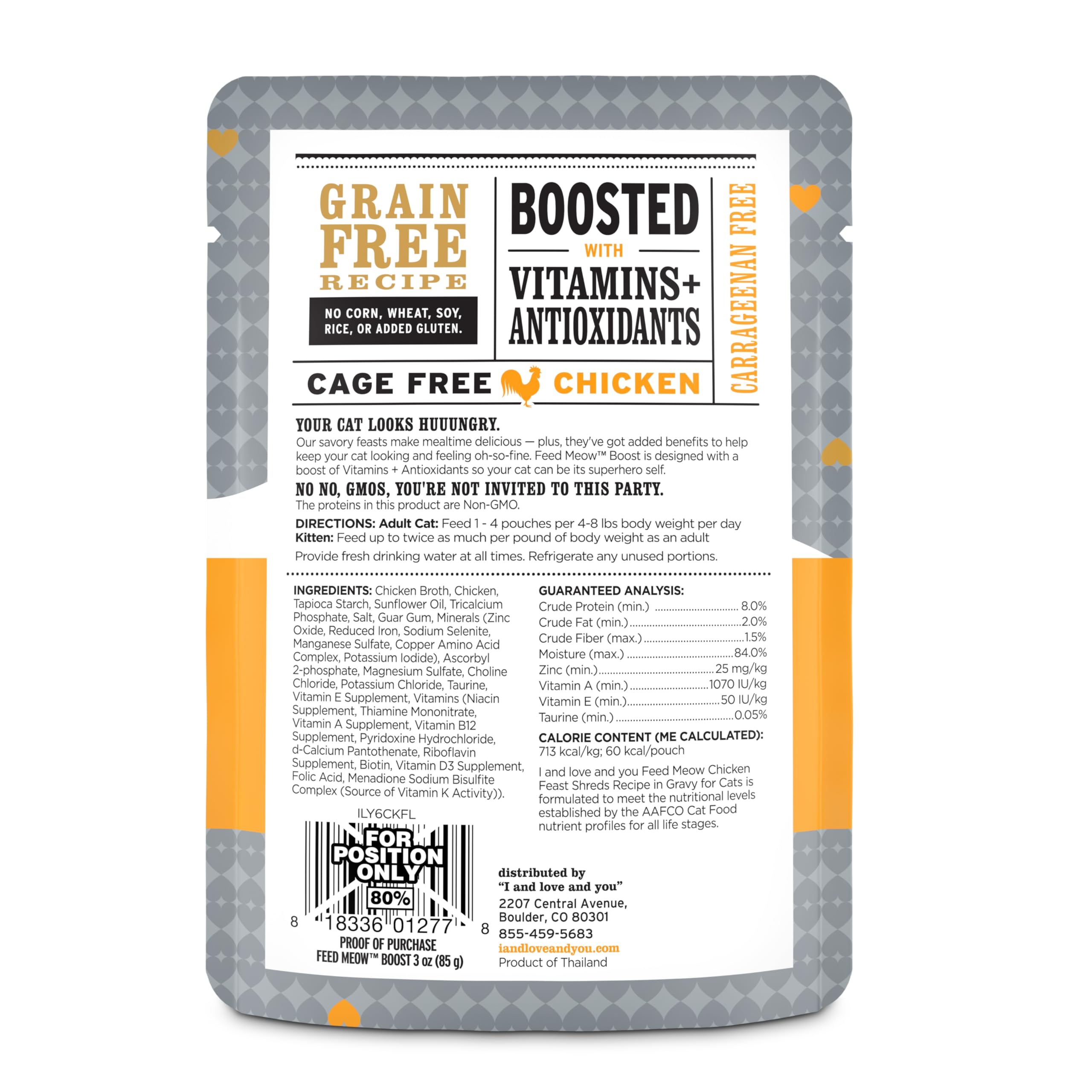 Sachet poulet effiloché dans sauce Feed Meow Boost, idéal pour varier les repas.