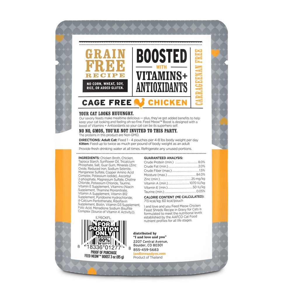 Sachet poulet effiloché dans sauce Feed Meow Boost, idéal pour varier les repas.