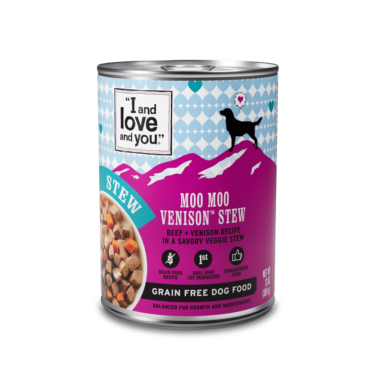 I AND LOVE AND YOU Moo Moo Venison Stew, boîte 13oz prête à servir et nutritive.