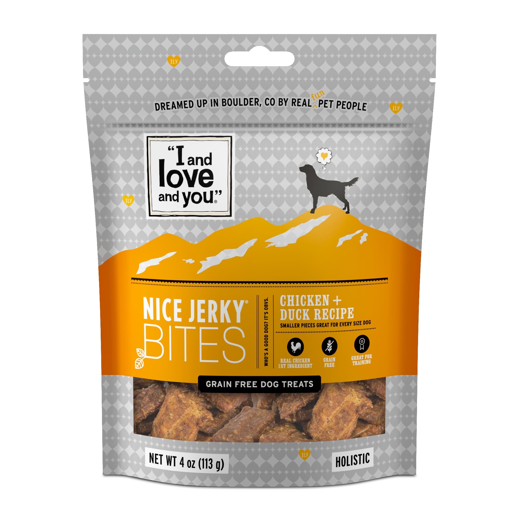 I And Love And You Nice Jerky Bites bouchées poulet et canard, récompense pratique.