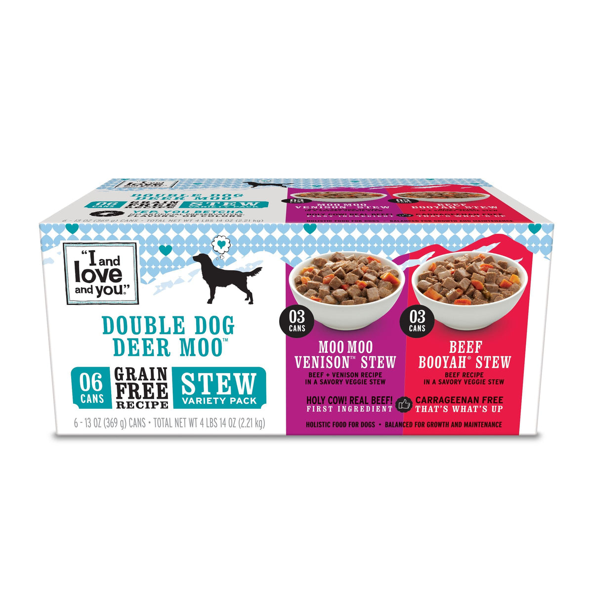 I AND LOVE AND YOU Double Dog Deer Moo – boîtes 374 ml, boeuf et venaison, repas savoureux.