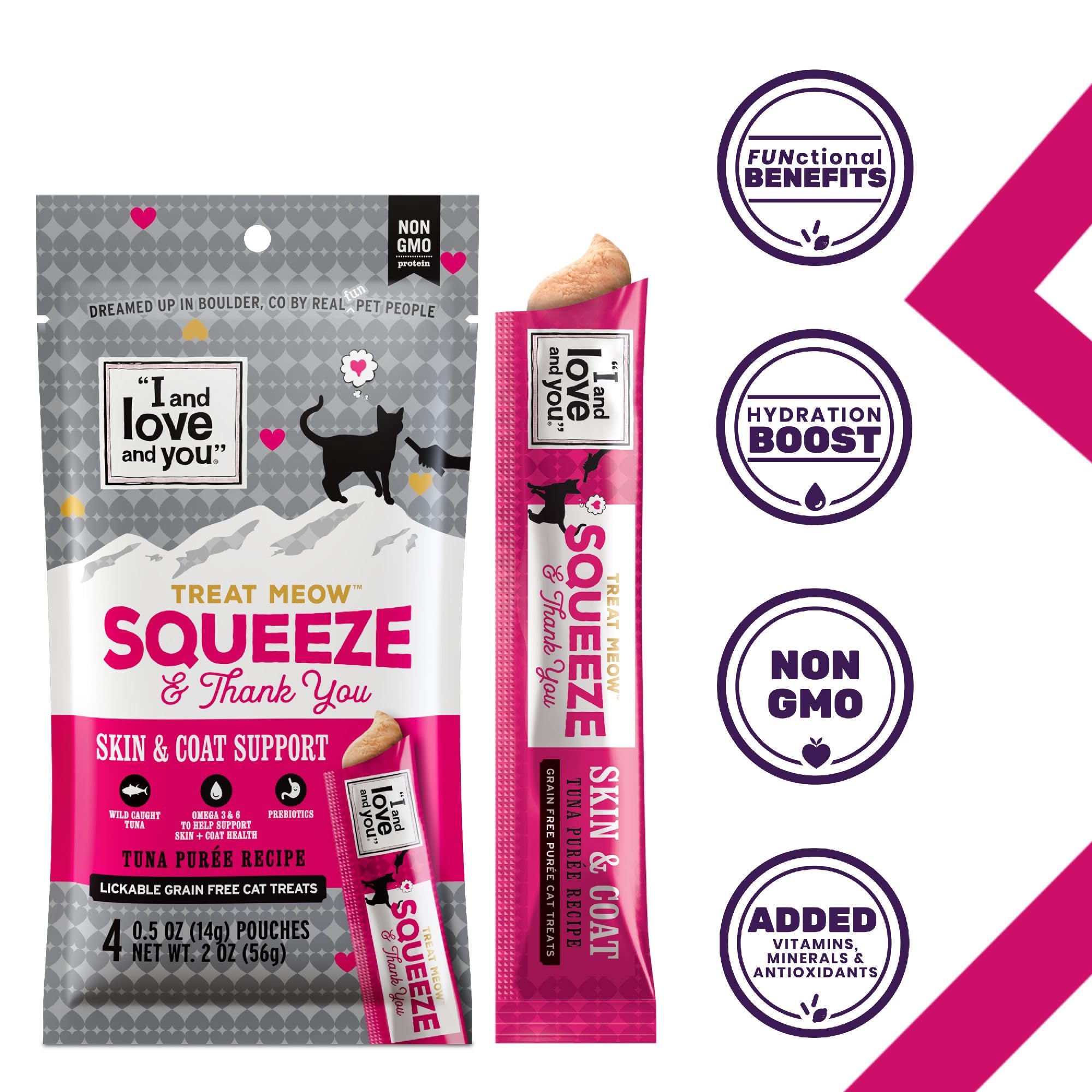 Chat apprécie la friandise Treat Meow, poil brillant et pelage nourri grâce au thon.