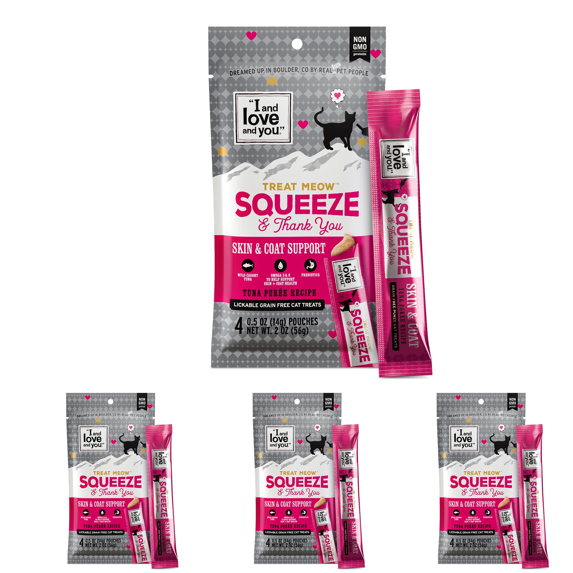 I AND LOVE AND YOU Treat Meow purée de thon, sachet ouverte, favorise l'hydratation et la satisfaction.