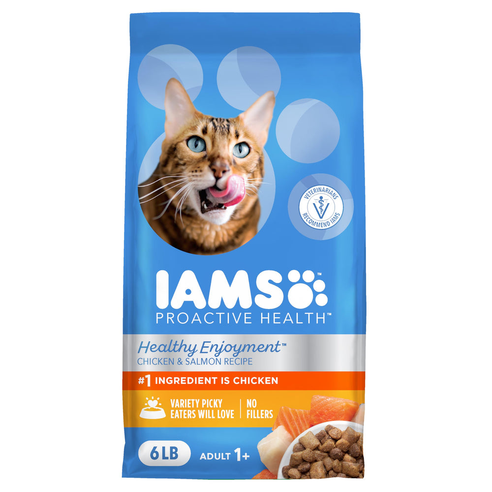 IAMS Healthy Enjoyment croquettes poulet et saumon, croquant appétent pour chats actifs.