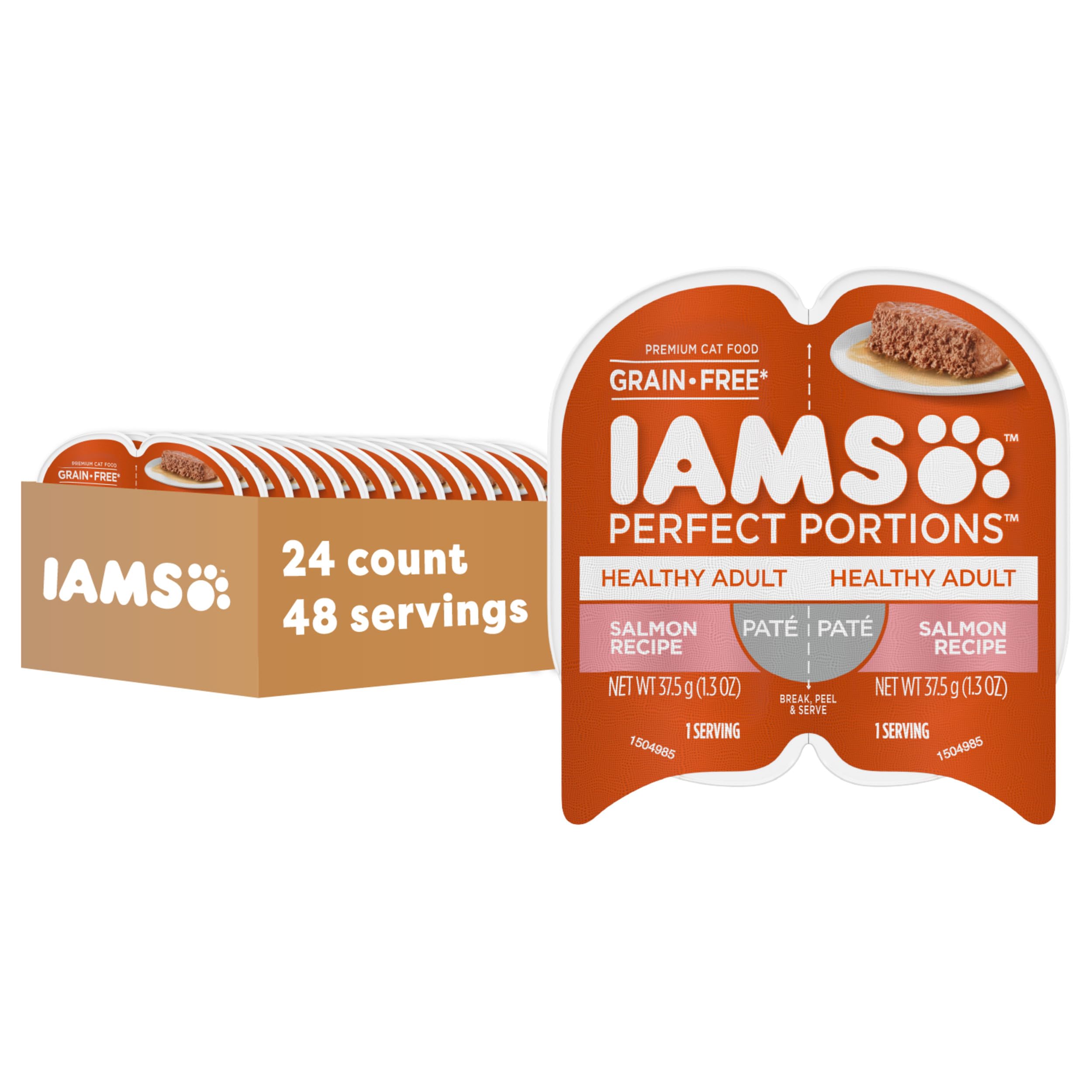 Pâté dinde IAMS dans des boîtes jumelées, repas prêt-à-servir pour chat adulte.