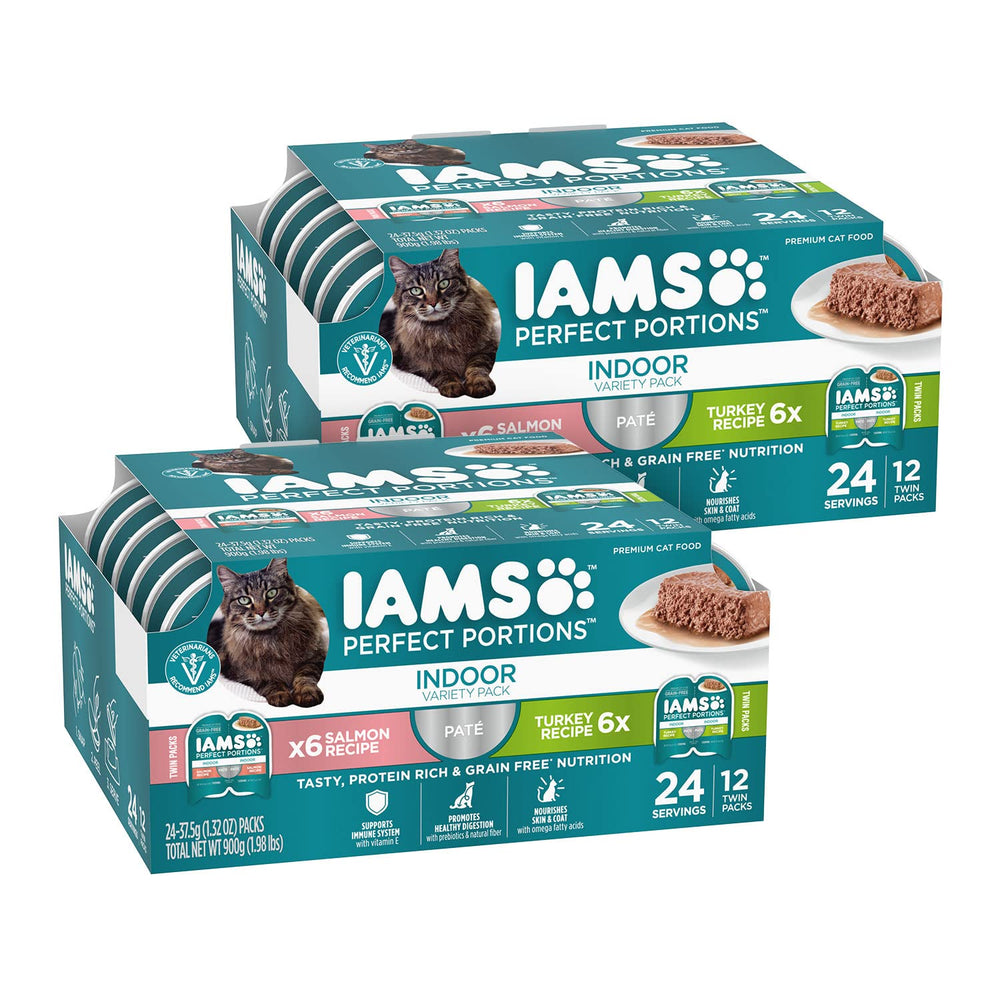 IAMS Perfect Portions pâté dinde-saumon dans un plateau prêt à servir pour chat intérieur.