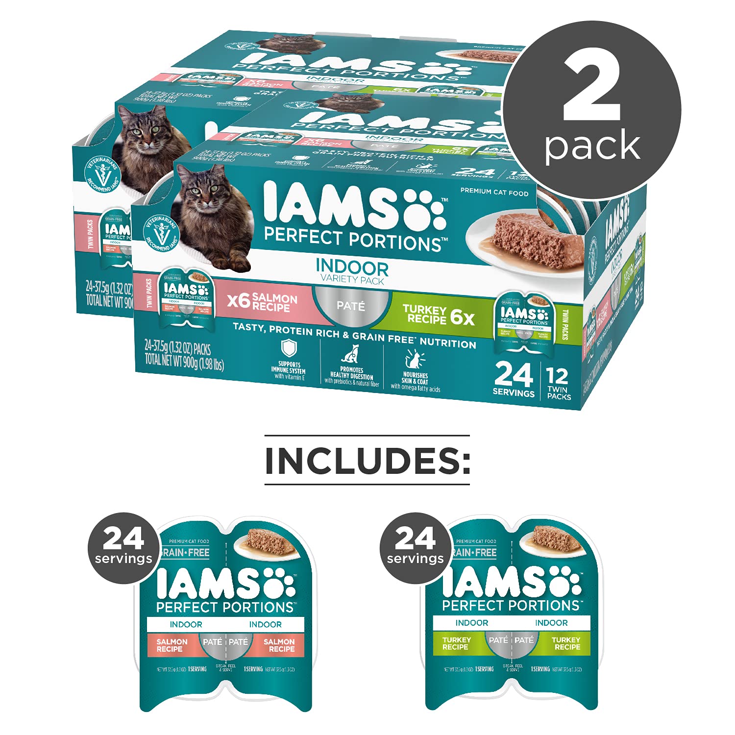 Plateaux jumelés IAMS Perfect Portions avec pâté dinde-saumon, repas frais.