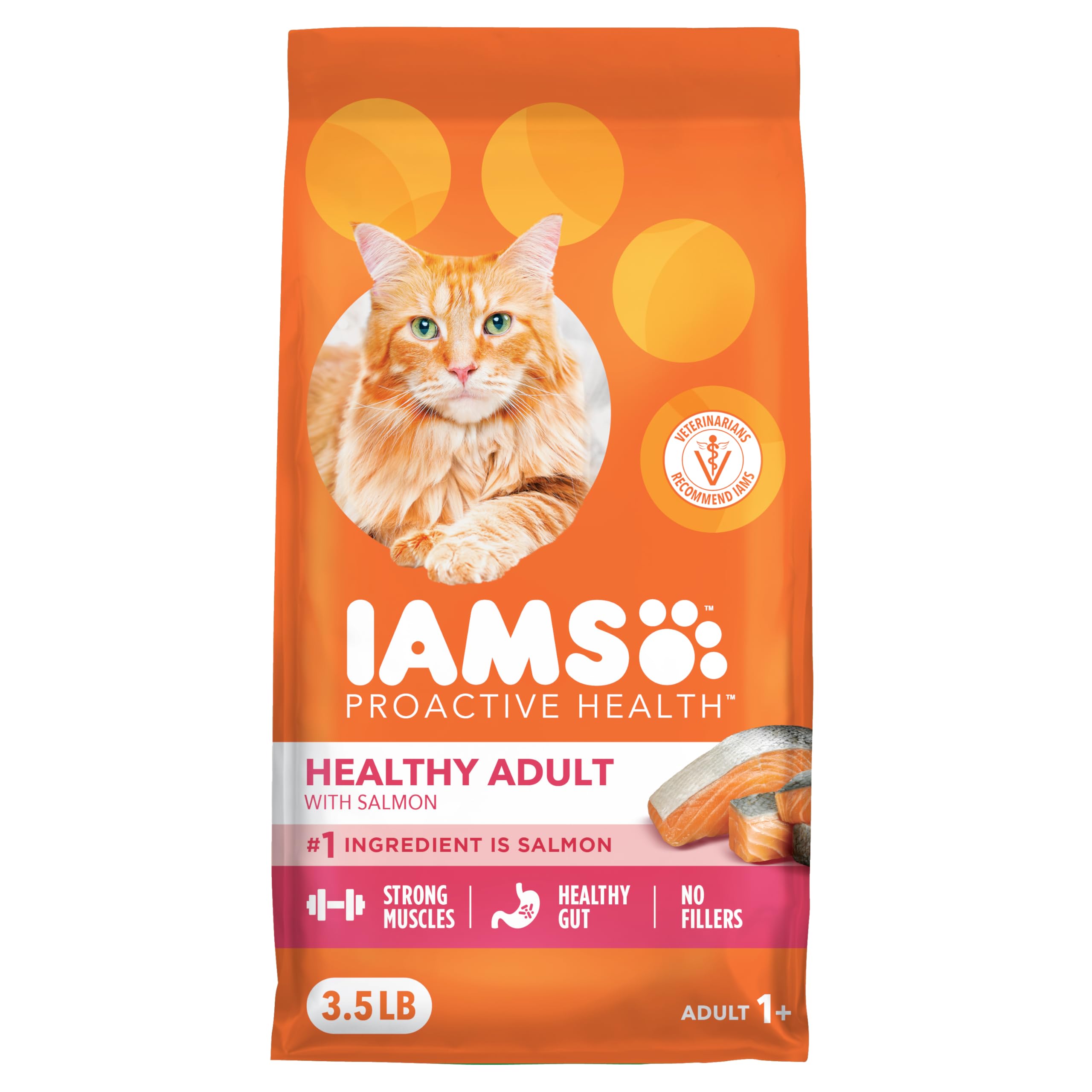 IAMS Proactive Health chat saumon croquettes, premier ingrédient pour des muscles solides.