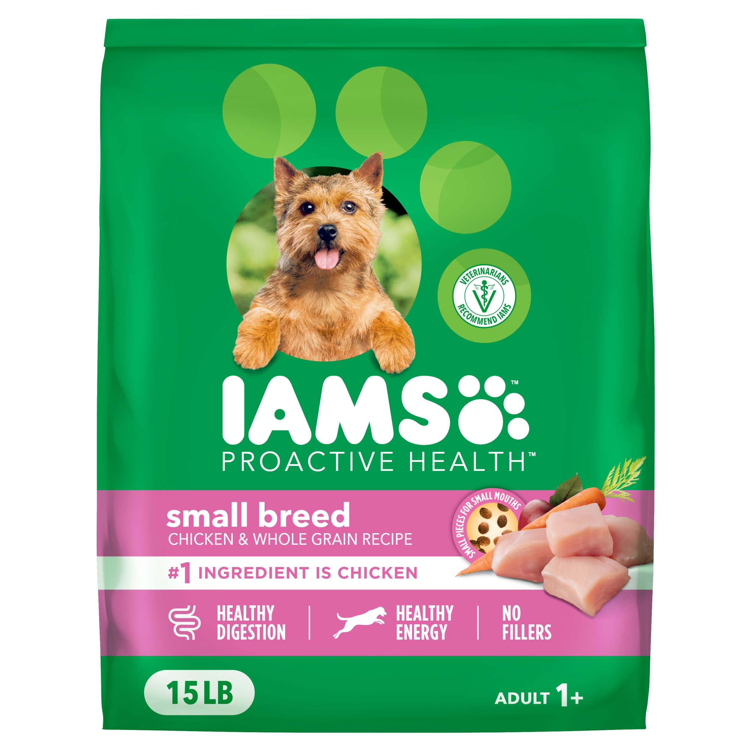 IAMS Proactive Health croquettes pour petits chiens, texture adaptée et goût apprécié.