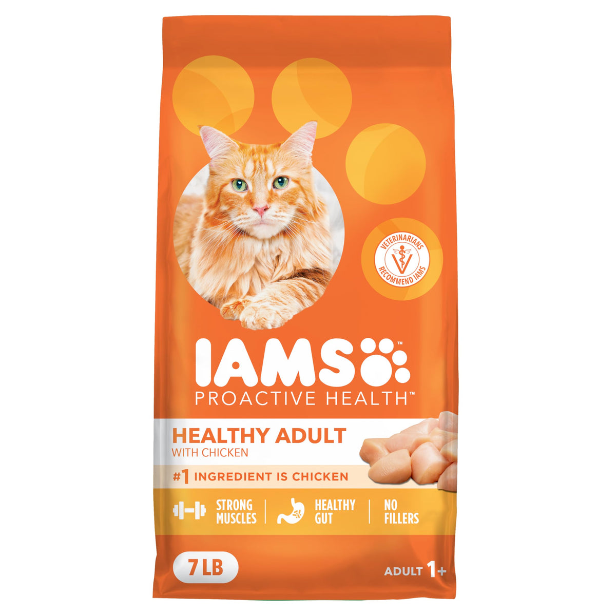 IAMS Proactive Health croquettes poulet pour chat adulte, favorisant muscles sains et énergie.