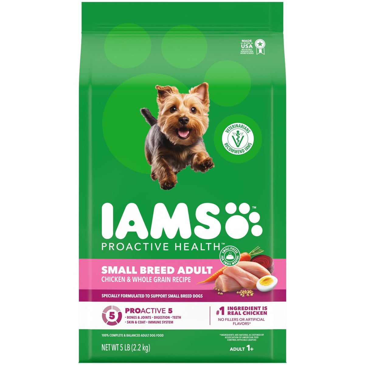 IAMS Proactive Health Petite Race – croquettes au poulet pour digestion saine.