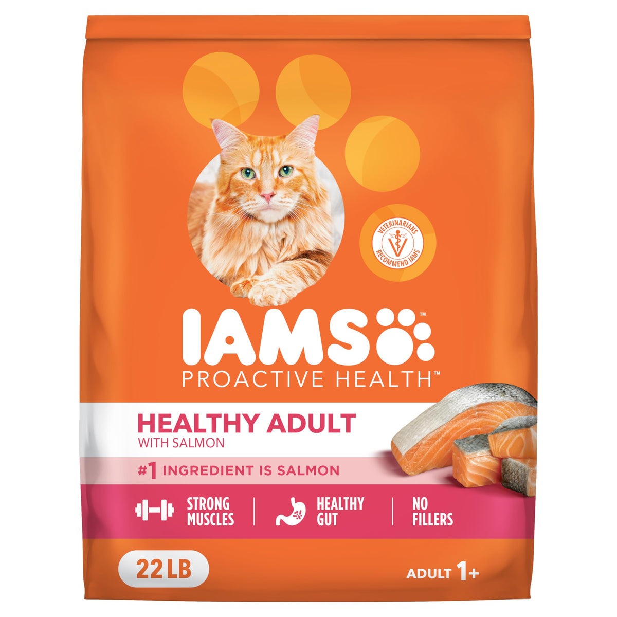 IAMS Proactive Health au saumon réel, premier ingrédient protéique pour une alimentation complète.