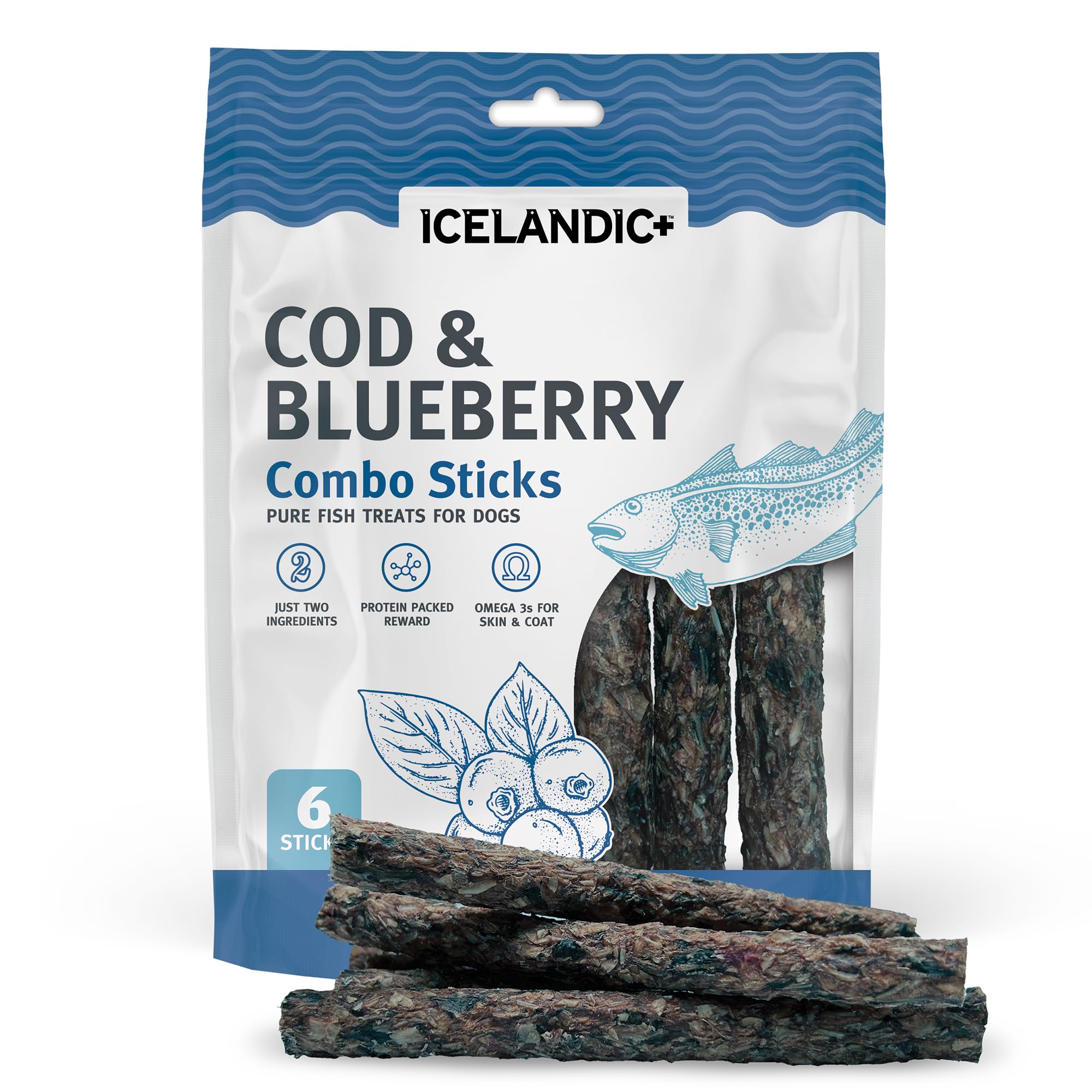 Icelandic+ Combo Morue et Myrtilles, friandise croquante protéinée.