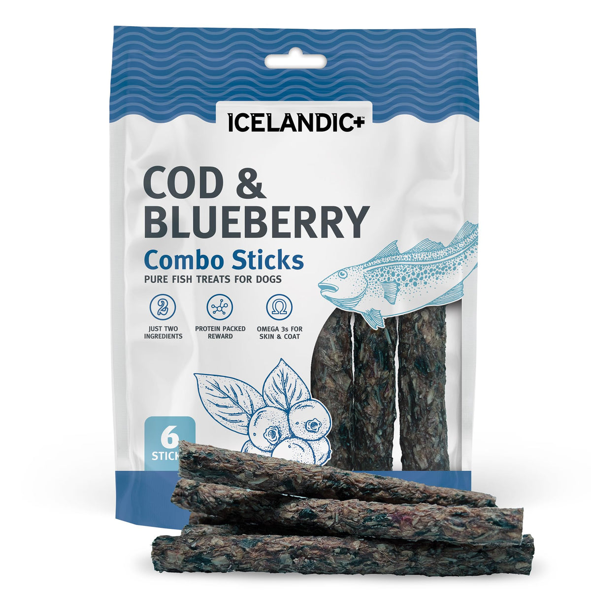 Icelandic+ Combo Morue et Myrtilles, friandise croquante protéinée.