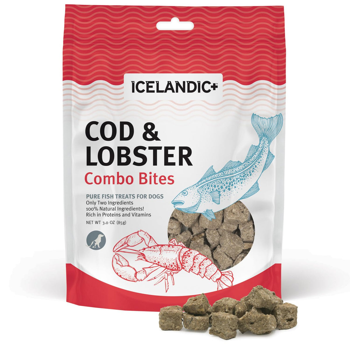 Icelandic+ Bouchées Morue-Langouste emballage 3oz, friandise naturelle pour chien.