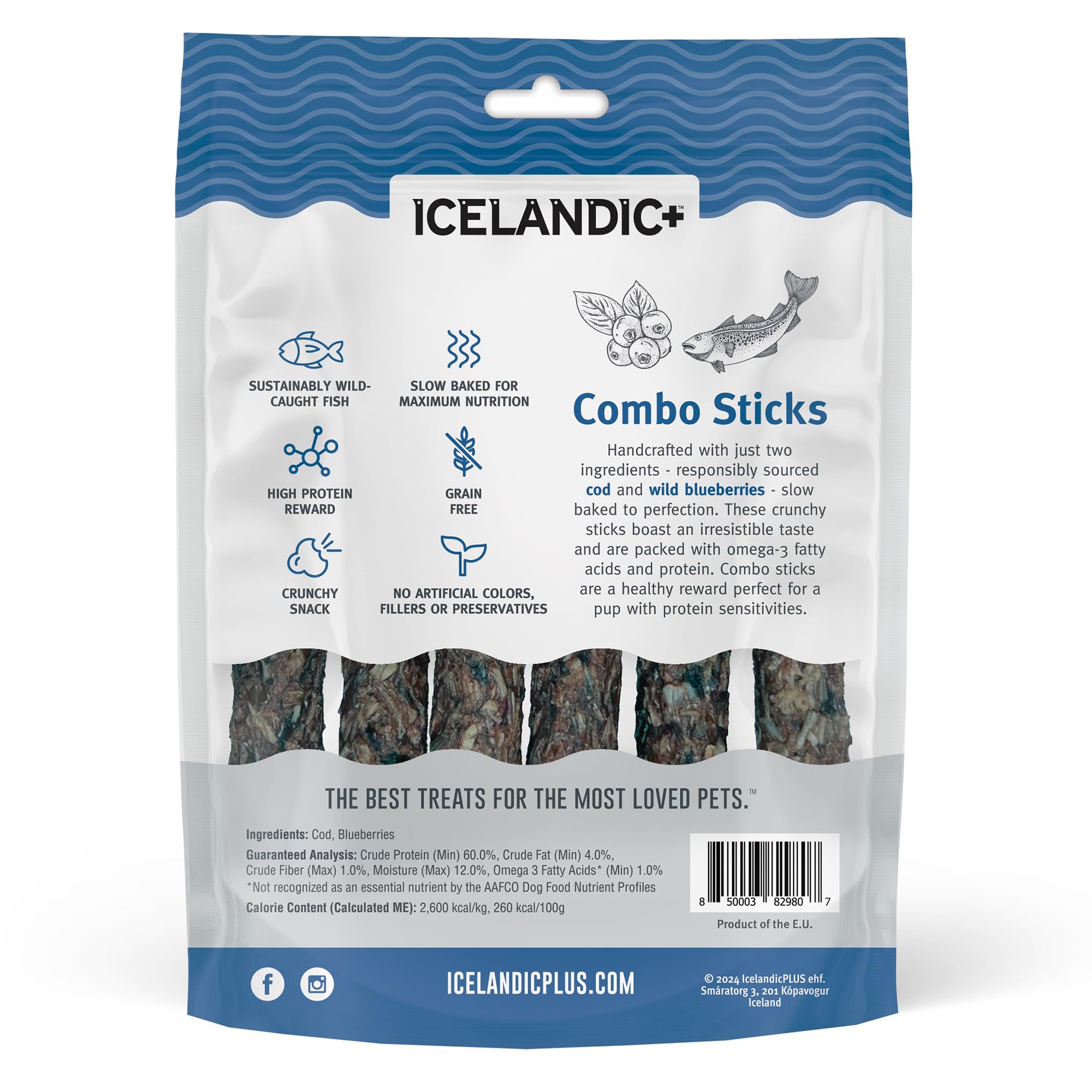 Icelandic+ deux ingrédients Morue et Myrtilles, récompense naturelle pour chiens.
