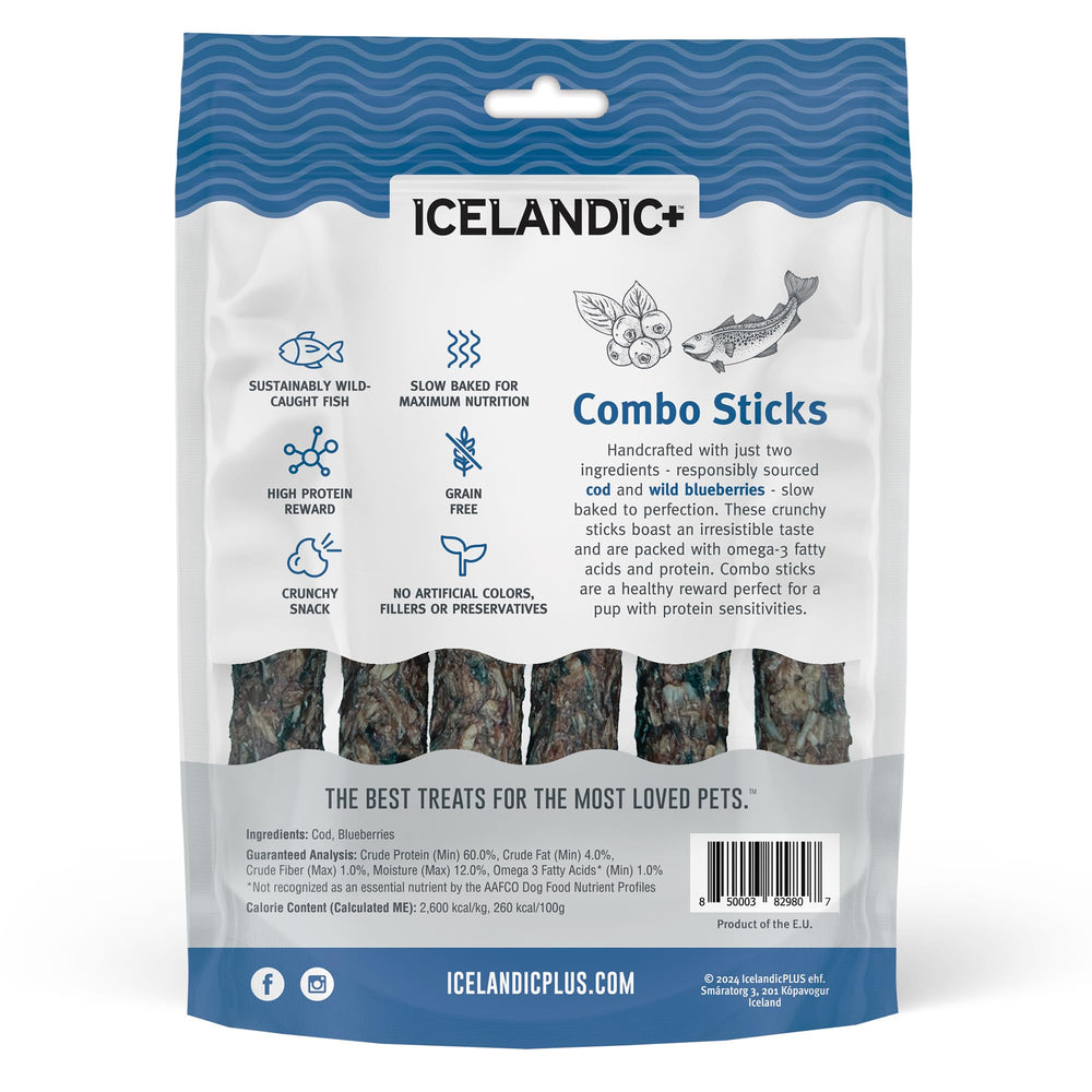Icelandic+ deux ingrédients Morue et Myrtilles, récompense naturelle pour chiens.