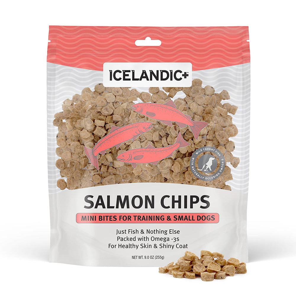 Icelandic+ Mini Fish Chips saumon, étiquette claire pour récompense rapide et saine.