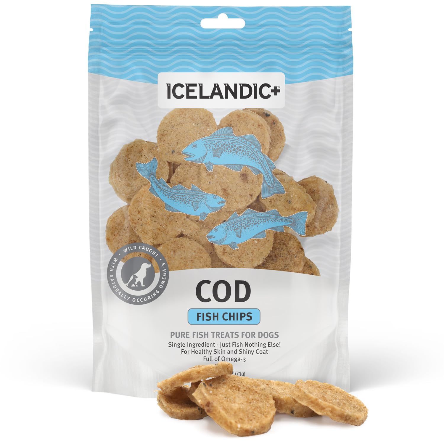 Icelandic+ chips morue en sachet, friandise naturelle et croquante pour chien.