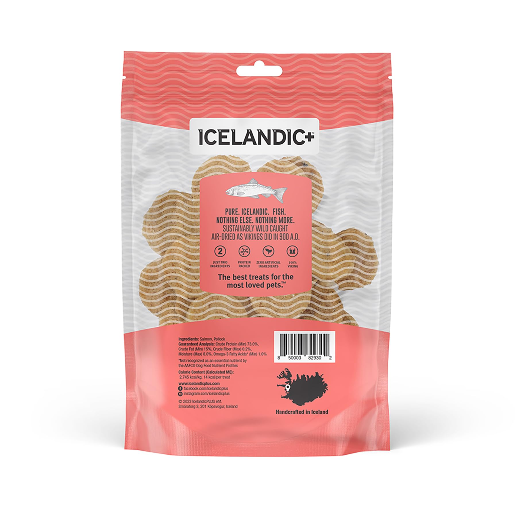 Icelandic+ Fish Chips avec saumon et poisson sauvage, ingrédients simples.