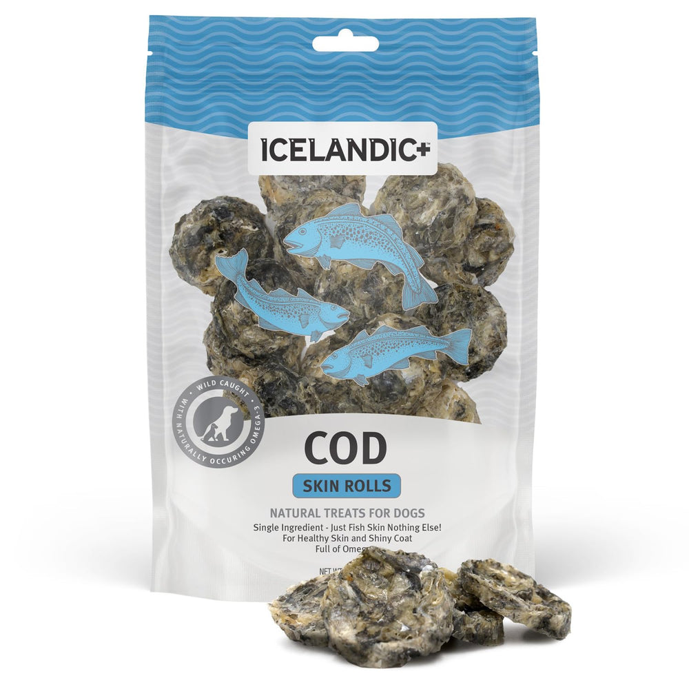 Icelandic+ rouleaux peau cod en sachet, friandise naturelle pour chien.