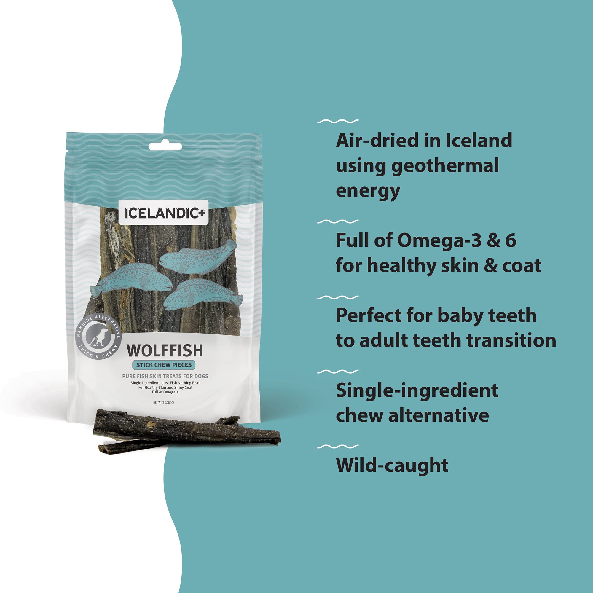 Icelandic+ Wolffish rich in protéines et oméga-3 pour peau et pelage.