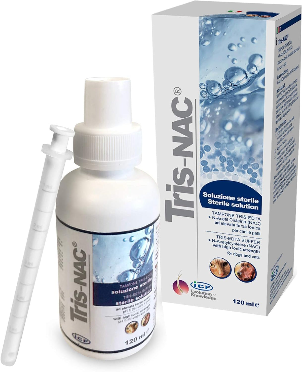 ICF Tris-NAC nettoyant oreilles et peau, pratique et doux pour chiens et chats.