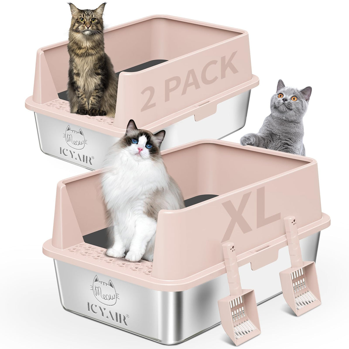 Bac ICYAIR en acier inoxydable XL, deux pièces, espace spacieux pour plusieurs chats.