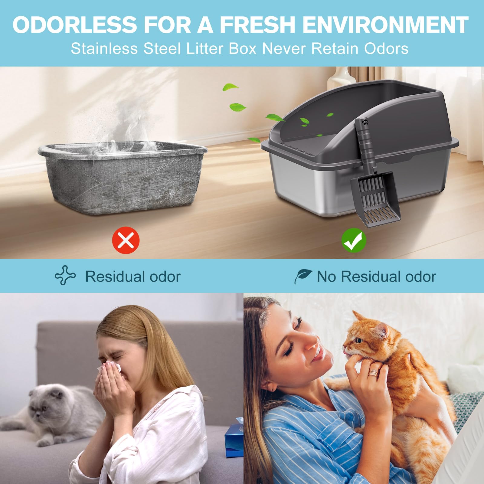 ICYAIR bac-litière acier pour chats multiples, hygiène simplifiée