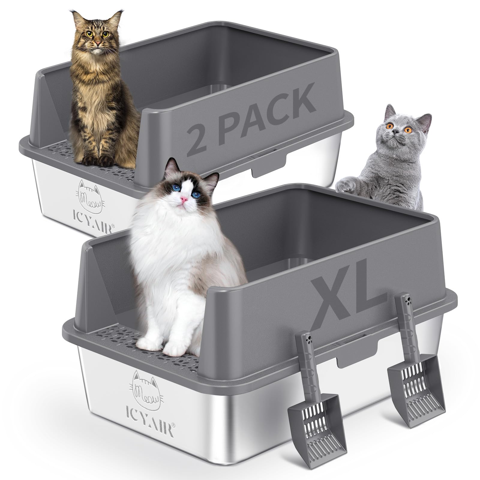 ICYAIR boîte litière inox XL lot deux, espace généreux pour deux chats et nettoyage simplifié.