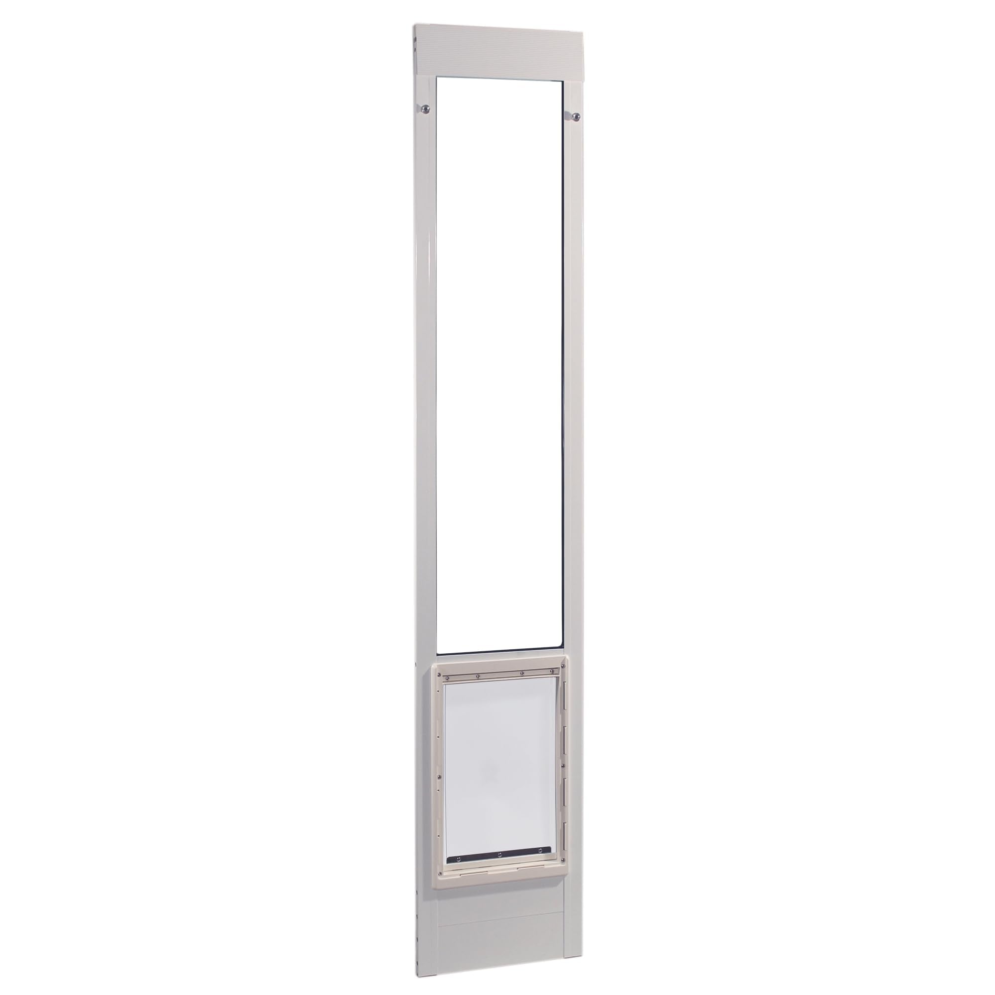 Porte-patio en aluminium Ideal Pet Products avec hauteur ajustable pour chiens et chats, installation simplifiée.